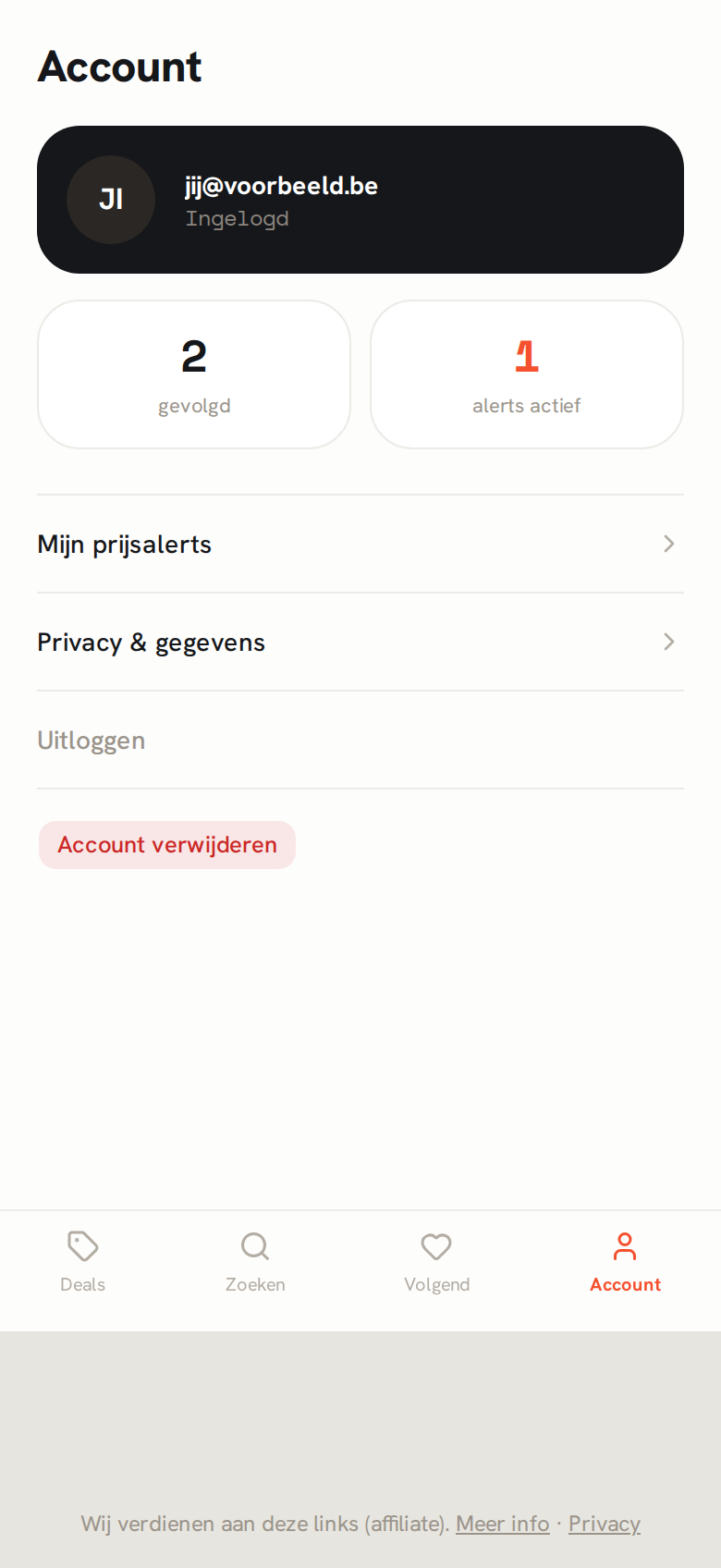 De accountpagina met je e-mailadres en de uitlogknop