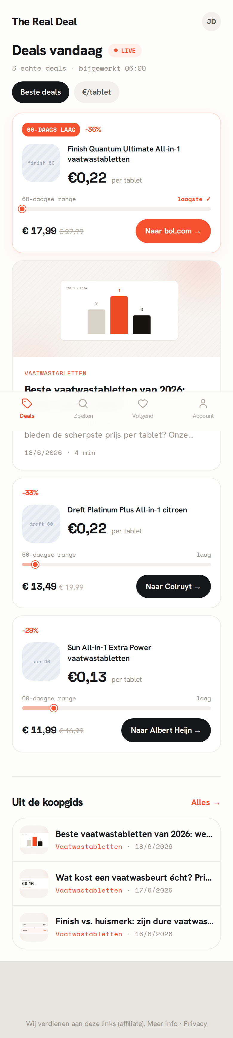 Het deals-overzicht van The Real Deal met kortingen en prijs per tablet