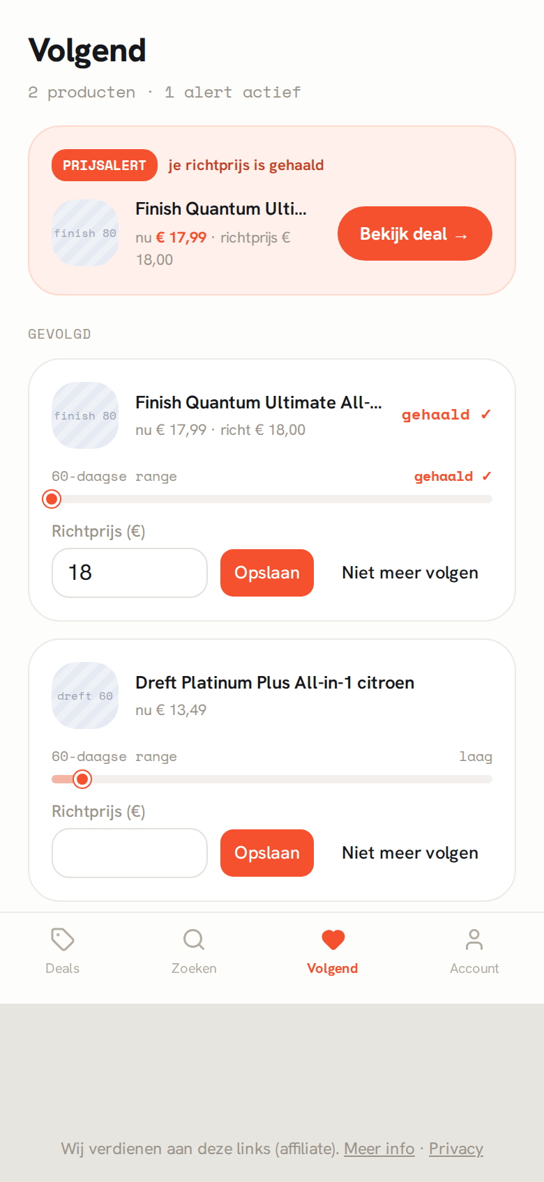 De favorietenpagina met gevolgde producten en een richtprijs