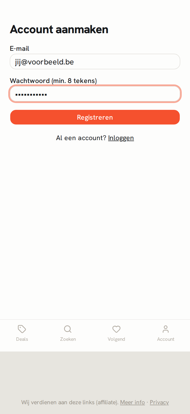 Het registratieformulier met velden voor e-mail en wachtwoord