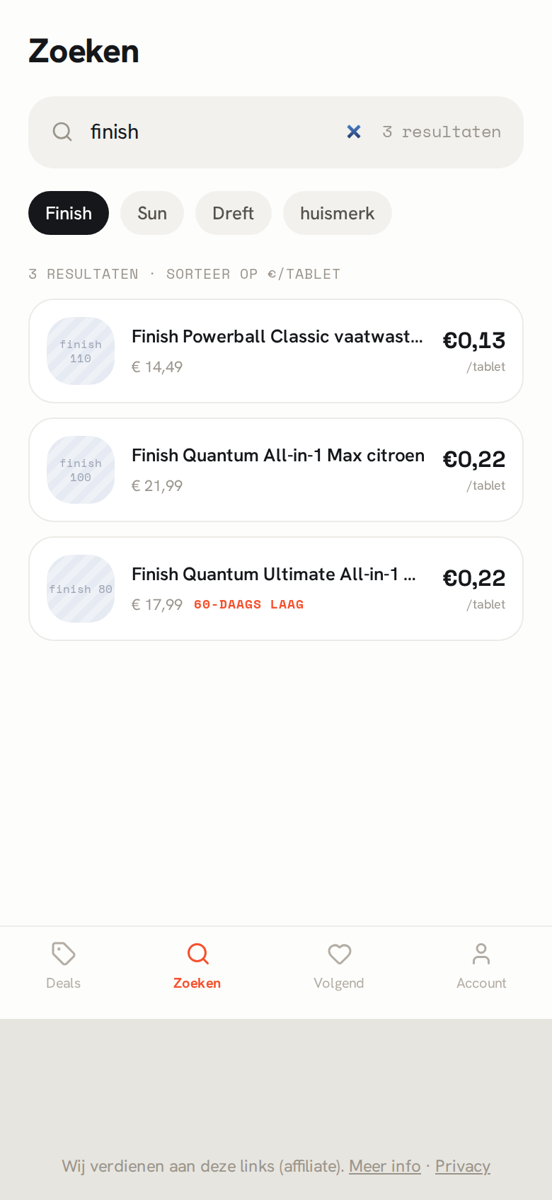 De zoekpagina met resultaten en de laagste prijs per product
